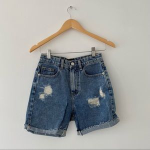 Vintage wash Distressed Longline Fitted Denim Shorts 0